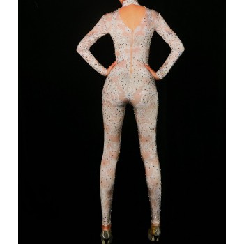 Rhinestones Jumpsuit Leggings Stretch Sexy Costume Women Nightclub Party Wear Dance Bodysuit